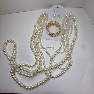 Linea Donna 5 Strand Extra Long Faux Pearl Necklace Earring Bracelet Set New